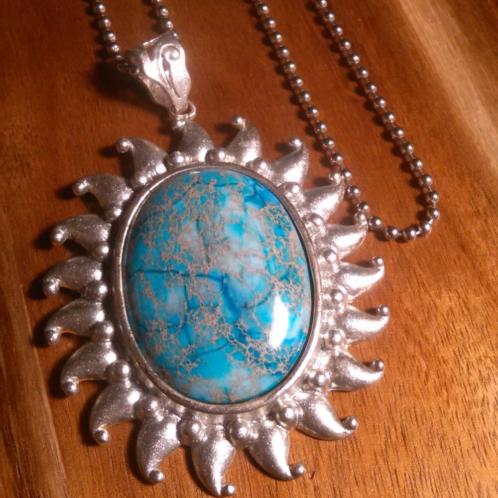 Mojave Blue Turquoise Sun Silvertone Pendant Necklace
